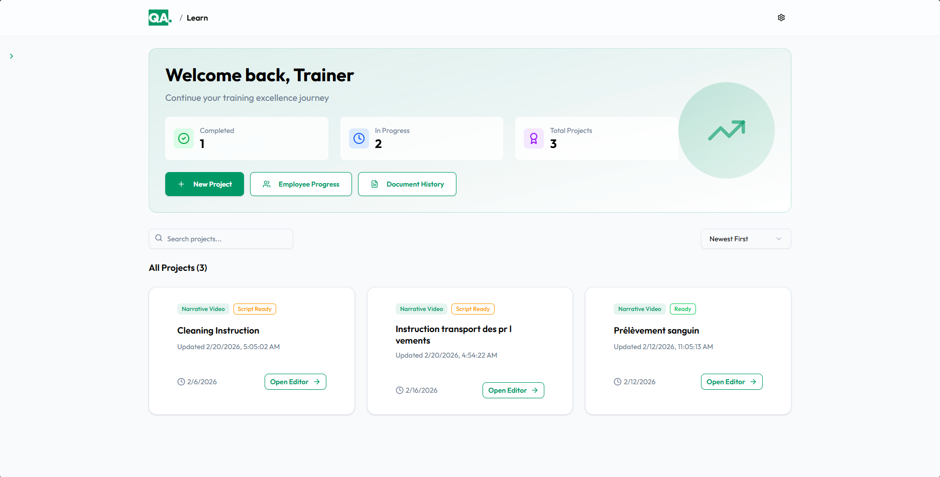myQA.team Video Learning dashboard